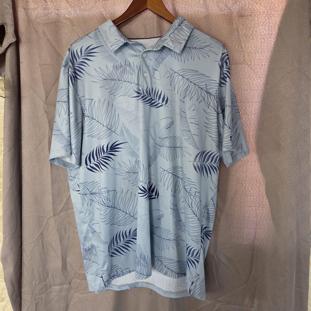 Obla Performance Polo Shirt Mens XL Blue Palm Leaf Print Tropical Golf Knit Top